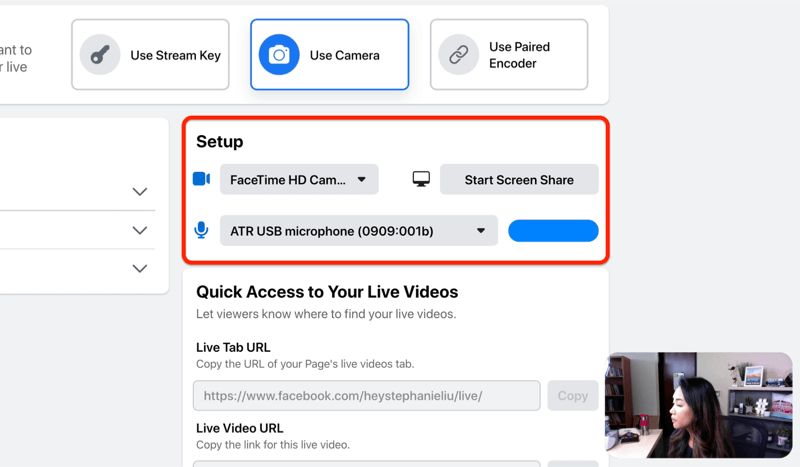 Επιλογή ρύθμισης ζωντανής ροής στο facebook για να επιλέξετε την κάμερα και το μικρόφωνό σας ή / και την κοινή χρήση οθόνης