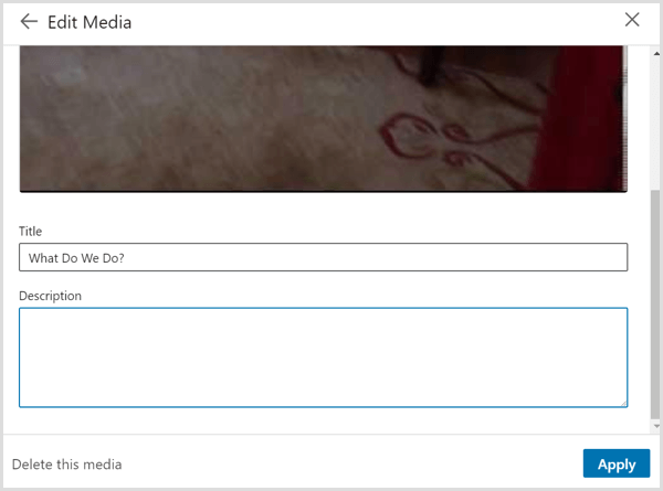 Το πλαίσιο διαλόγου Επεξεργασία πολυμέσων που βλέπετε όταν συνδέετε με ένα βίντεο στο προφίλ σας στο LinkedIn