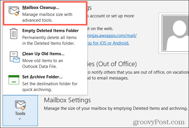 Εργαλεία, Εκκαθάριση γραμματοκιβωτίου στο Outlook