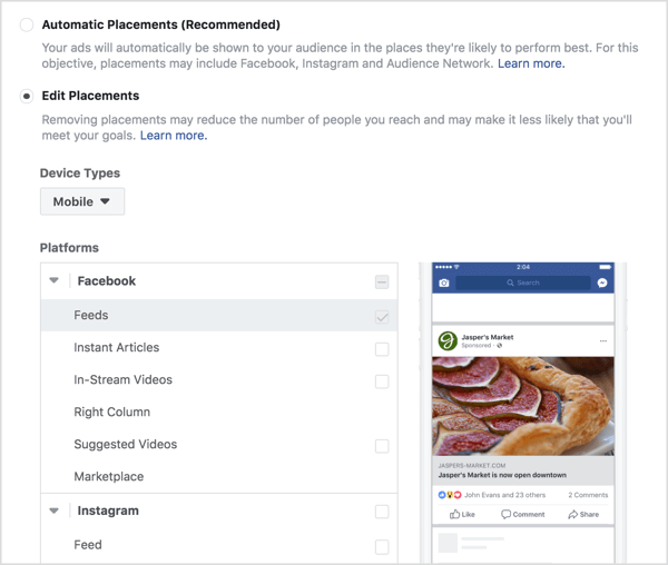 Επιλέξτε τοποθετήσεις για μια διαφήμιση αφοσίωσης στο Facebook.