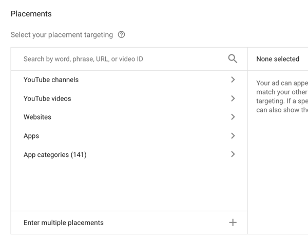 Πώς να ρυθμίσετε μια καμπάνια διαφημίσεων YouTube, βήμα 33, επιλογές στόχευσης τοποθέτησης