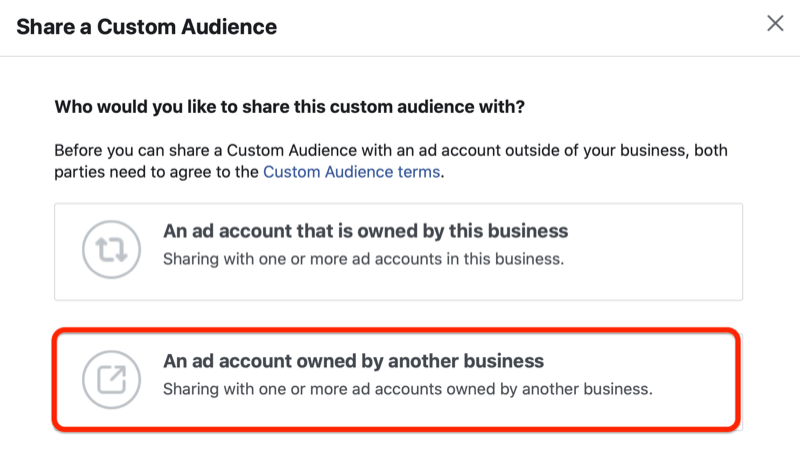 Ο Διαχειριστής διαφημίσεων στο Facebook μοιράζεται ένα προσαρμοσμένο μενού κοινού με την επιλογή "ένας λογαριασμός διαφήμισης που ανήκει σε άλλη επιχείρηση"