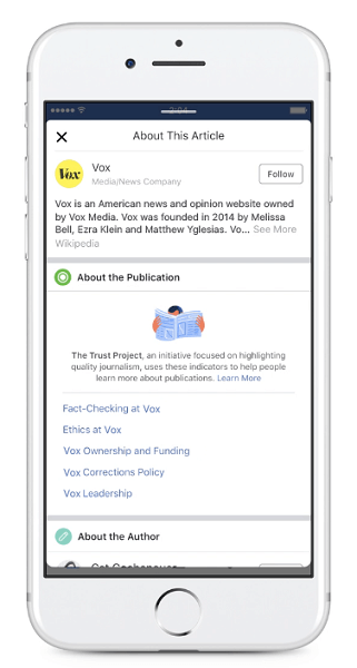 Το Facebook θα αρχίσει να εμφανίζει νέους δείκτες εμπιστοσύνης εκδοτών για άρθρα που κοινοποιούνται στη ροή ειδήσεων.
